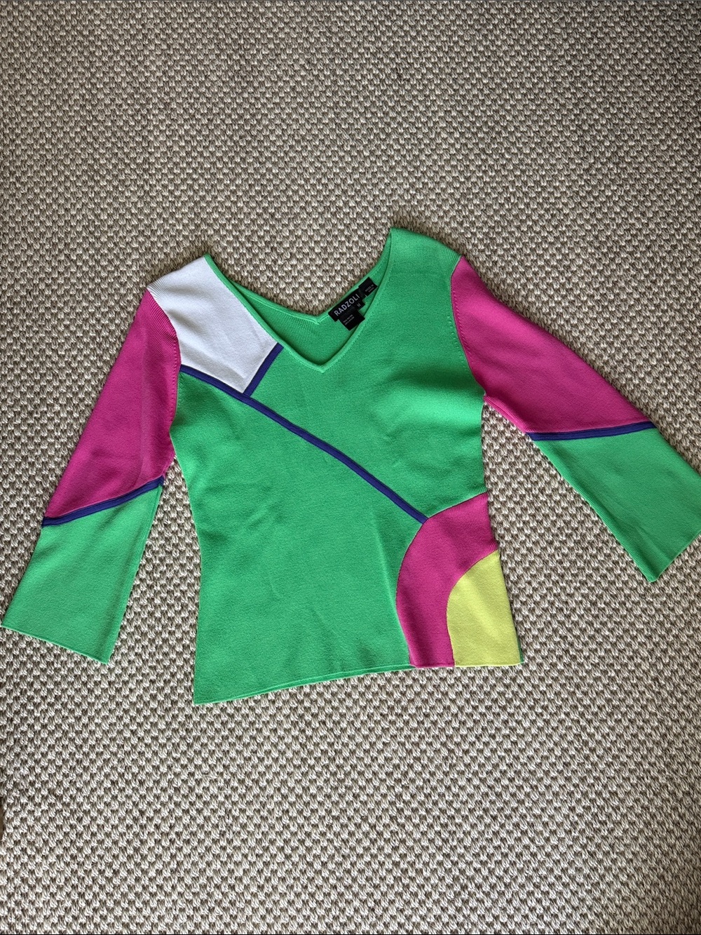 Radzoli Green Colorblock V-Neck Top with Pink, Yellow & White Accents